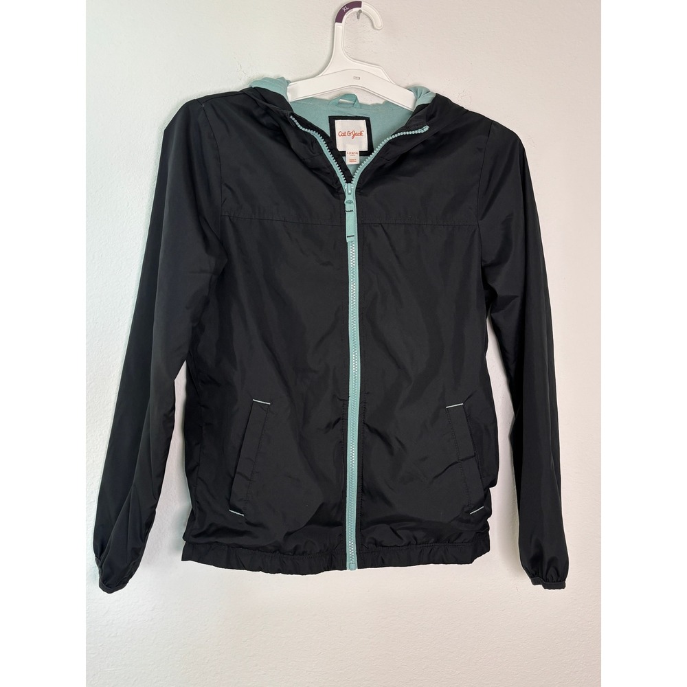 Cat & Jack Boys Black Windbreaker Jacket Teal Zip Hooded L 12/14